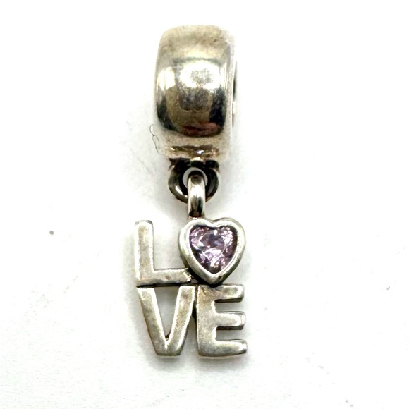 Pandora Sterling Silver "LOVE" Pink Crystal Dangle Charm 791253CZS - Picture 1 of 3